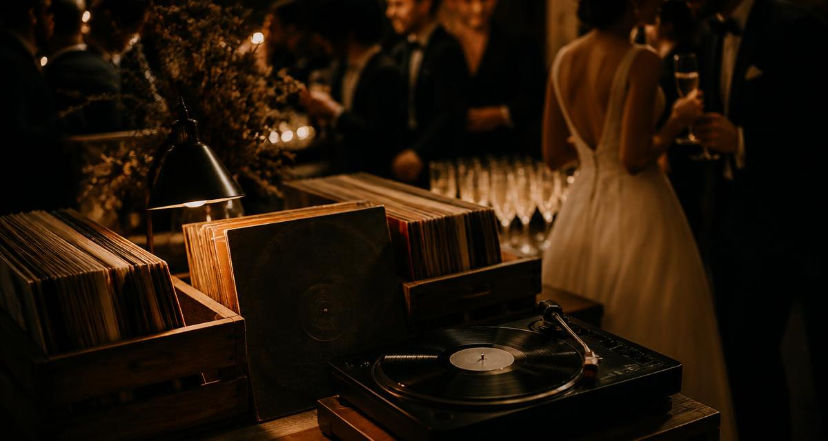 Vinyl-Bar mit Plattenspieler und Schallplatten für einen Hochzeitsempfang